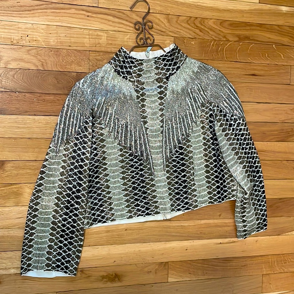 Silk beaded Long sleeve turtle neck top zips on the back crafted by designer TWP